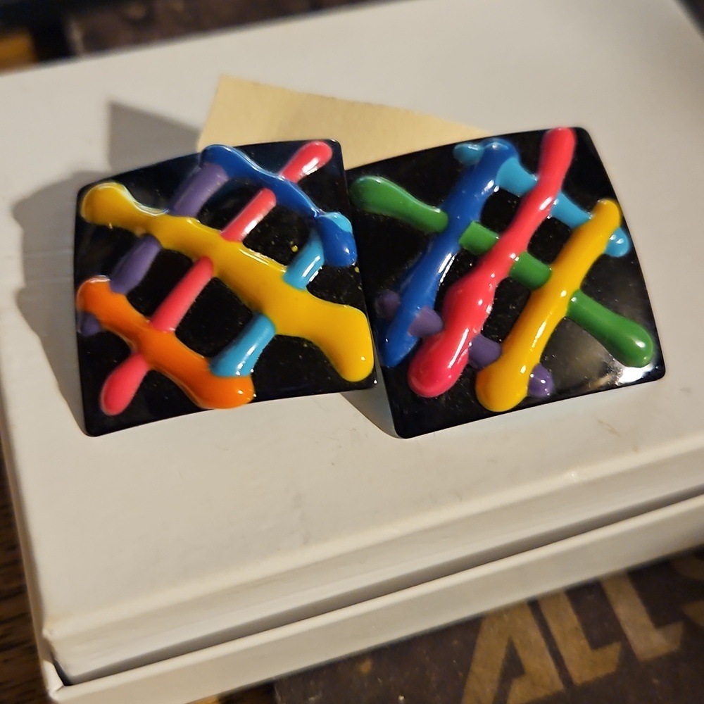 Vintage 80's Colorful Striped Square Pierced Earrings - Picture 2 of 4